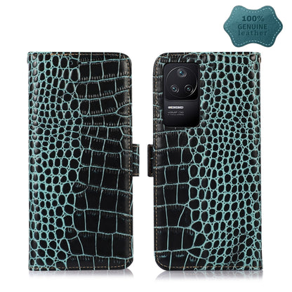 Teal crocodile-embossed leather flip phone case, open view with camera cutout and clasp