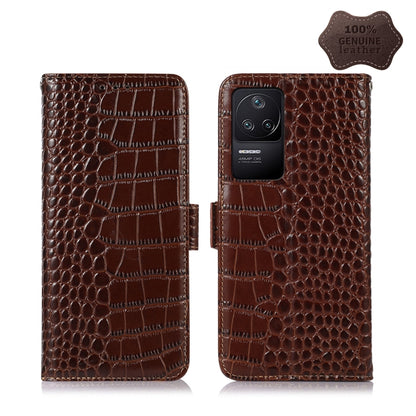 Brown crocodile-textured leather phone case with flip cover and back camera opening