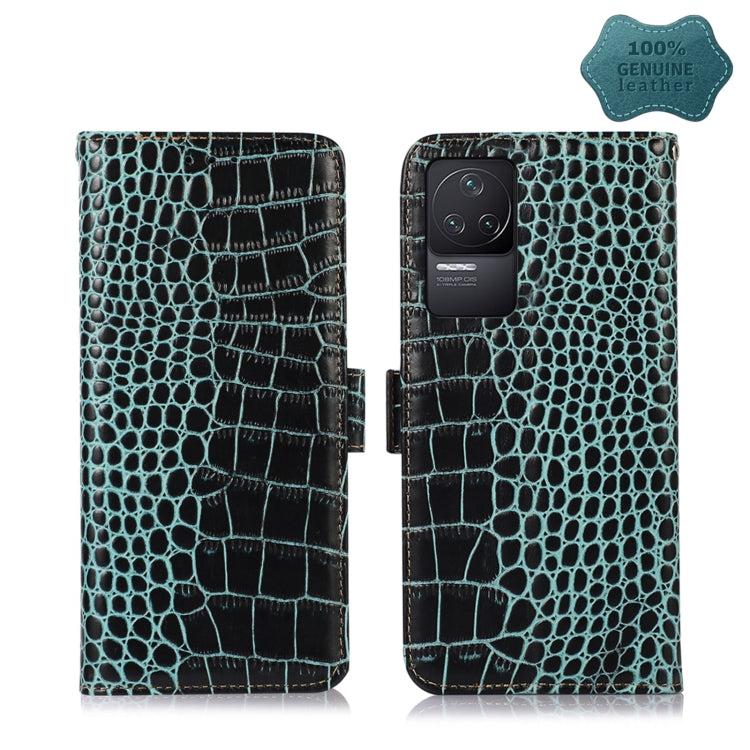 Teal crocodile-embossed leather flip phone case with clasp, open front and back view
