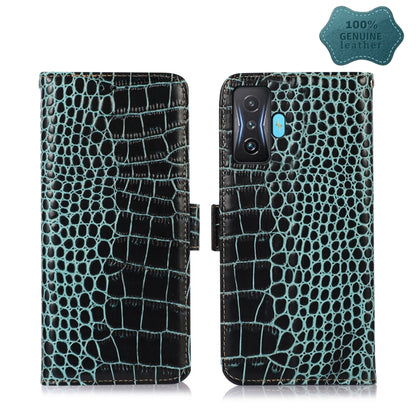 Teal crocodile-embossed leather flip phone case with clasp, open front and back camera cutout
