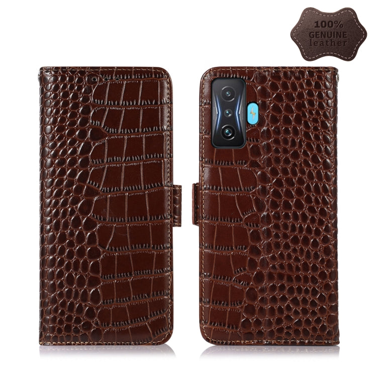 Brown crocodile-textured leather phone case with flip cover and multiple camera cutouts