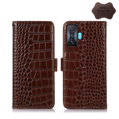 Brown crocodile-textured leather phone case with flip cover and multiple camera cutouts