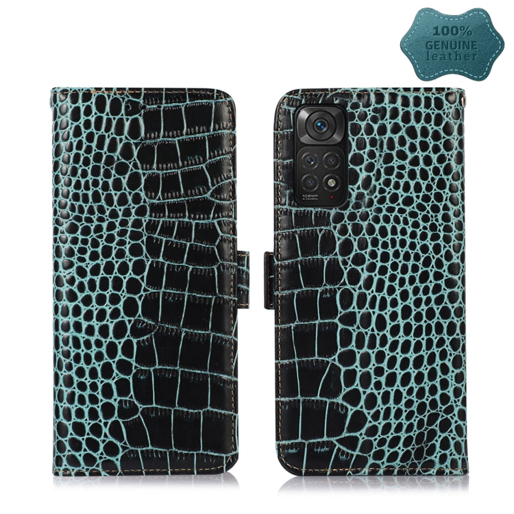 Teal crocodile-embossed leather flip phone case with clasp, open halves and camera area