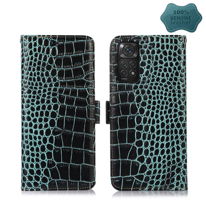 Teal crocodile-embossed leather flip phone case with clasp, open halves and camera area
