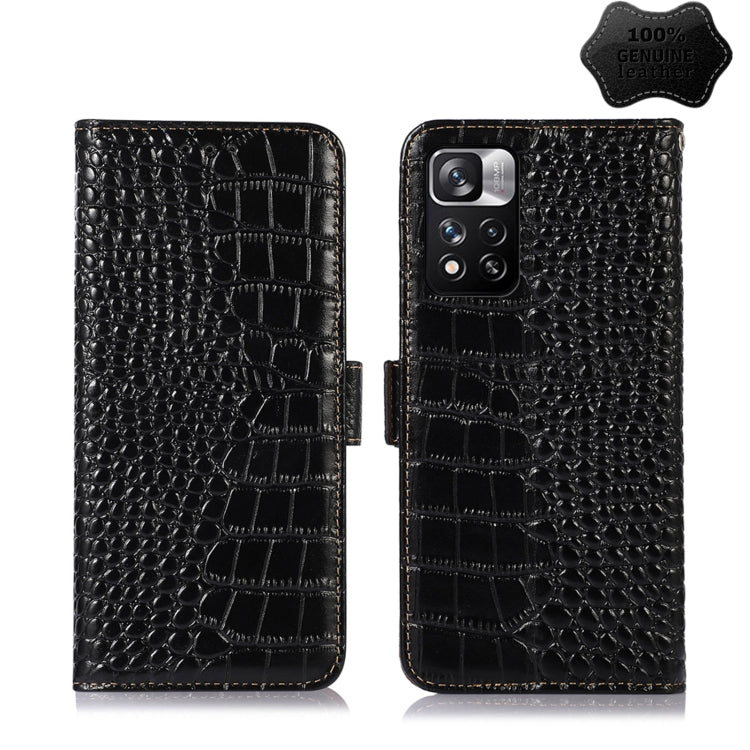 Black crocodile-pattern leather phone case with wallet flap, back camera opening