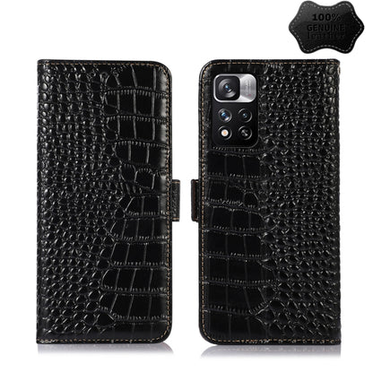 Black crocodile-pattern leather phone case with wallet flap, back camera opening
