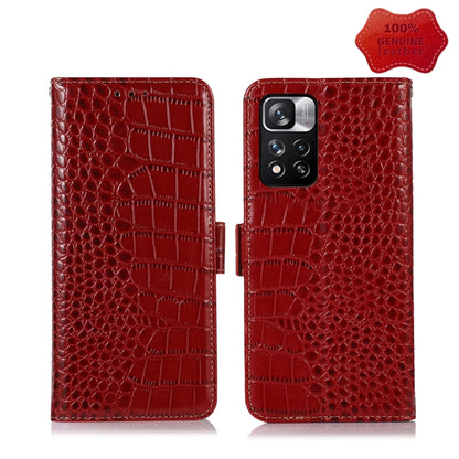 Red crocodile-embossed leather flip phone case with clasp, open front and back view