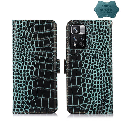 Teal crocodile-embossed leather flip phone case with clasp, open front and back view