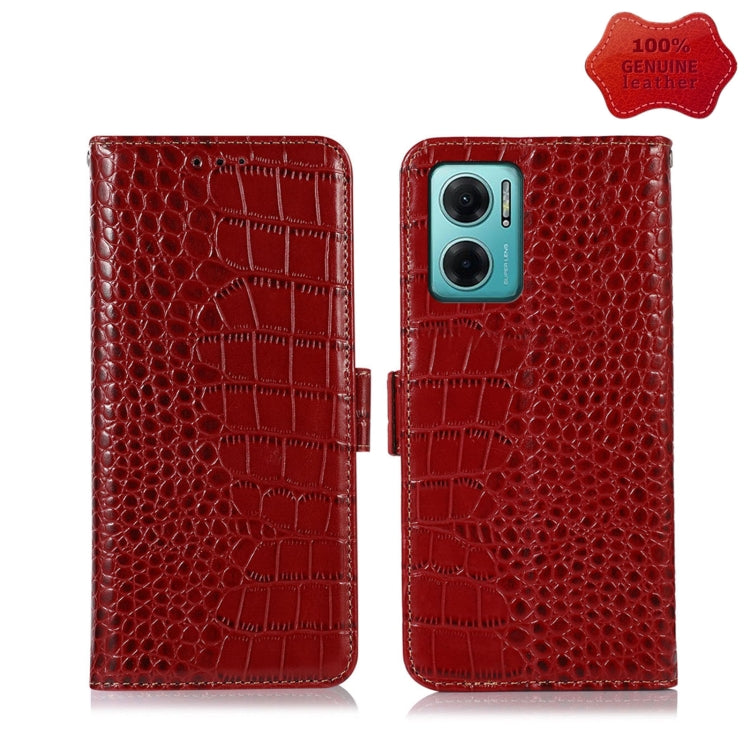 Red crocodile-embossed leather flip phone case, open view with camera cutout and clasp