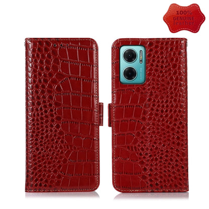 Red crocodile-embossed leather flip phone case, open view with camera cutout and clasp
