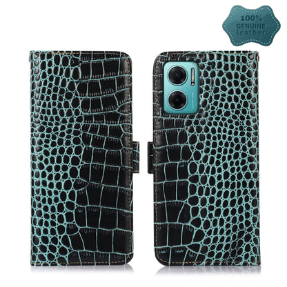 Teal crocodile-pattern leather phone case with flip cover and camera cutouts