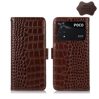 Crocodile-texture leather flip phone case, brown, with magnetic clasp and POCO back cutout