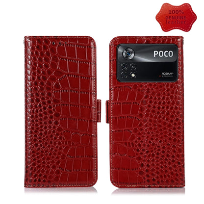 Red crocodile-embossed leather flip phone case with clasp, open front and camera side