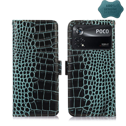 Teal crocodile-textured leather phone case with flip cover and camera cutouts