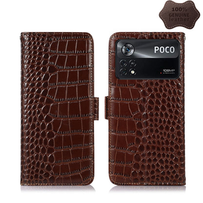 Brown crocodile leather flip phone case with POCO camera window and magnetic clasp