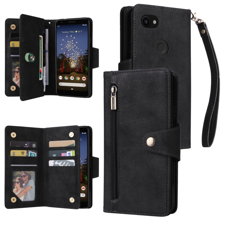 Three-fold leather phone case with card slots, wrist strap, and flip cover (black).