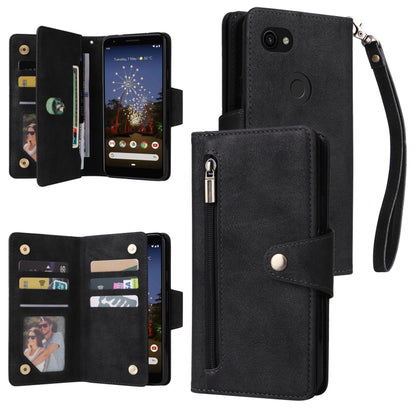 Three-fold leather phone case with card slots, wrist strap, and flip cover (black).