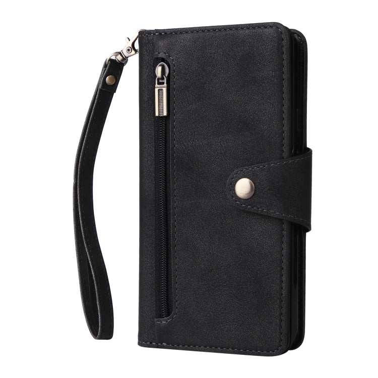 Black leather three-fold phone case with wrist strap and vertical zipper pocket.