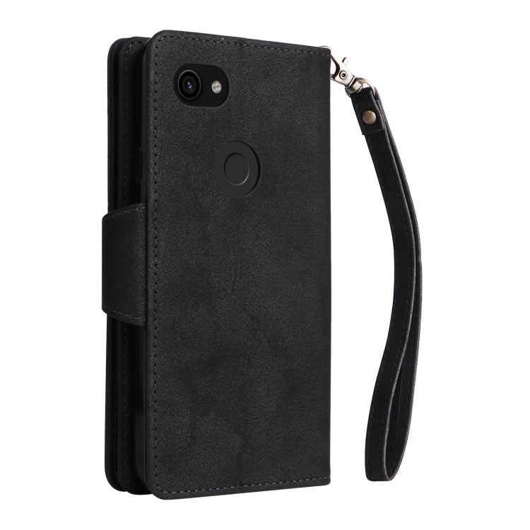 Black leather wallet phone case with card holder and wrist strap, front view.