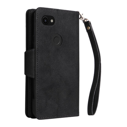 Black leather wallet phone case with card holder and wrist strap, front view.
