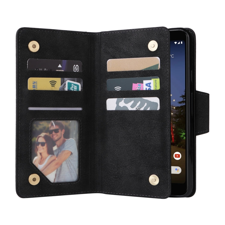 Black leather three-fold phone case with card slots and snap closure, open view.