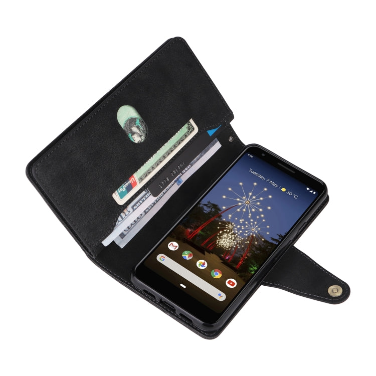 Black leather three-fold phone case with card slots, phone inside, wrist strap.