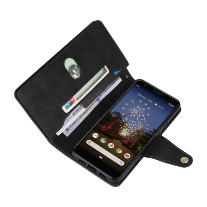 Black leather three-fold phone case with card slots, phone inside, wrist strap.