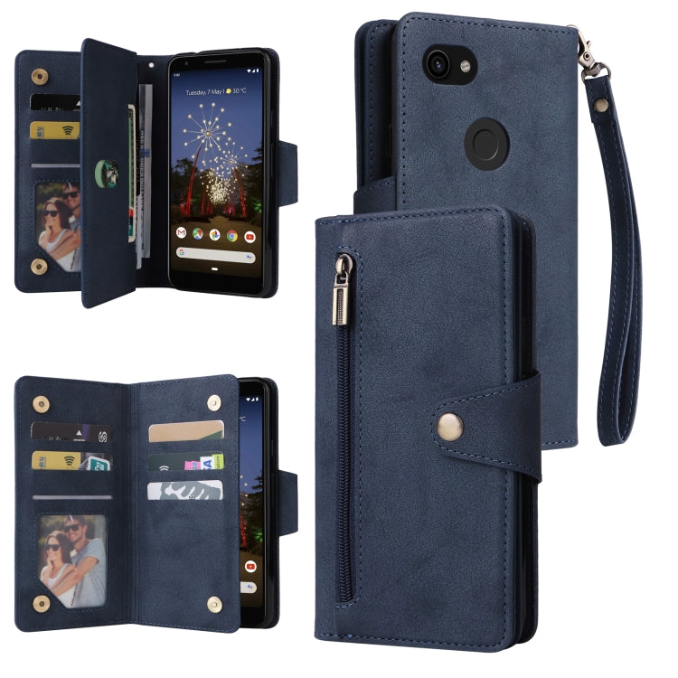 Three-fold leather phone case with card slots and wrist strap (blue).