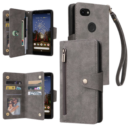 Three-fold leather phone case with card slots and wrist strap (grey).
