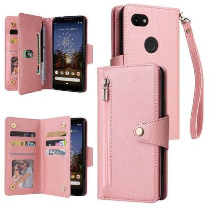 Three-fold leather phone case with card slots and wrist strap (rose pink).