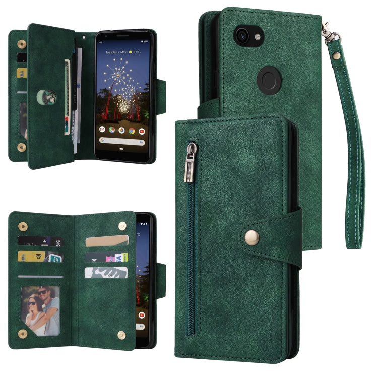 Three-fold leather phone wallet case with wrist strap and card slots, green