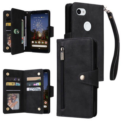 Three-fold leather phone wallet case with wrist strap and card slots, black
