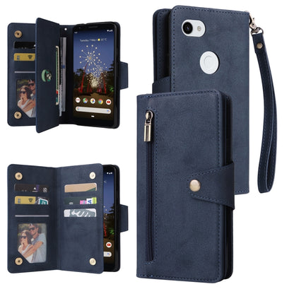 Three-fold leather phone wallet case with wrist strap and card slots, navy blue