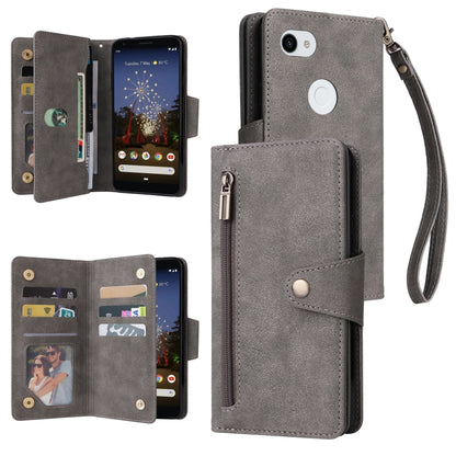 Three-fold leather phone wallet case with wrist strap and card slots, gray