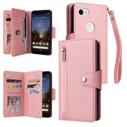 Three-fold leather phone wallet case with wrist strap and card slots, rose pink