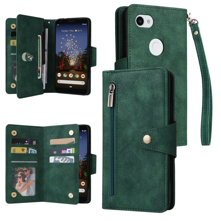 Three-fold leather phone wallet case with wrist strap and card slots, dark green
