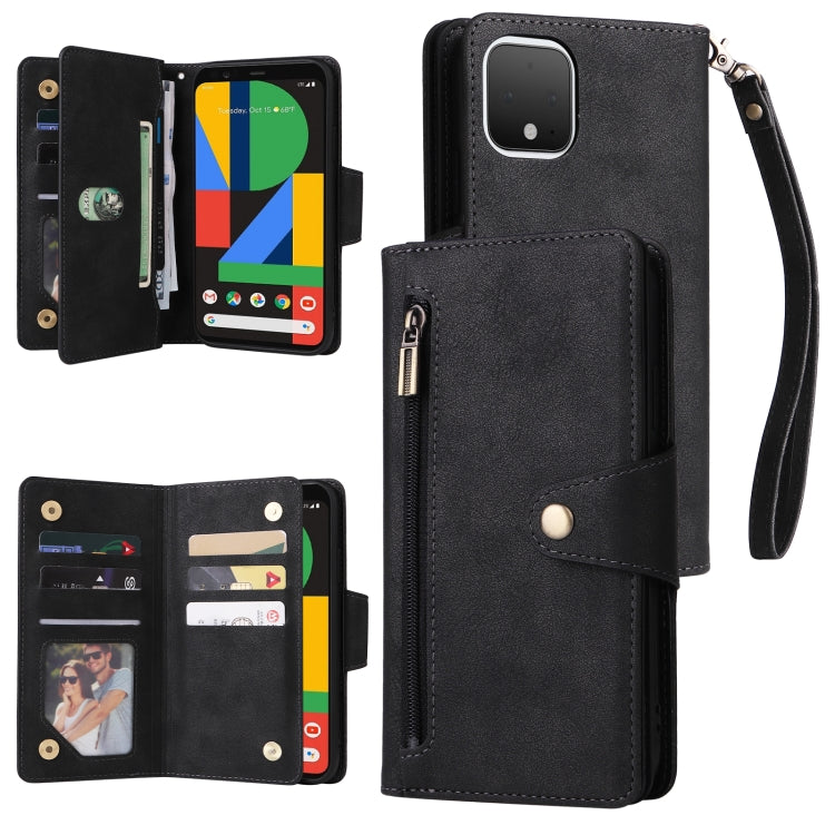 Three-fold leather phone wallet case with wrist strap and card slots, black