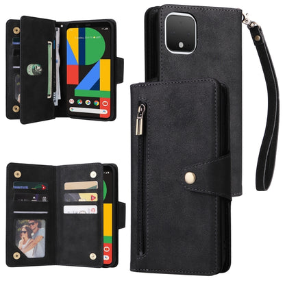 Three-fold leather phone wallet case with wrist strap and card slots, black