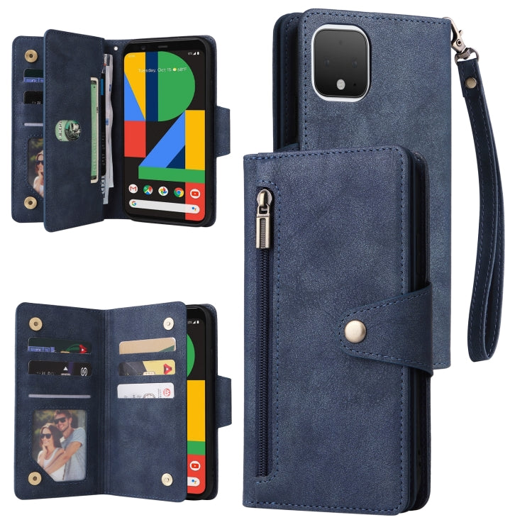 Three-fold leather phone wallet case with wrist strap and card slots, blue