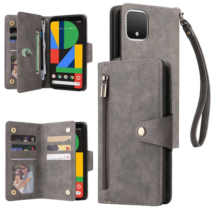 Three-fold leather phone wallet case with wrist strap and card slots, gray