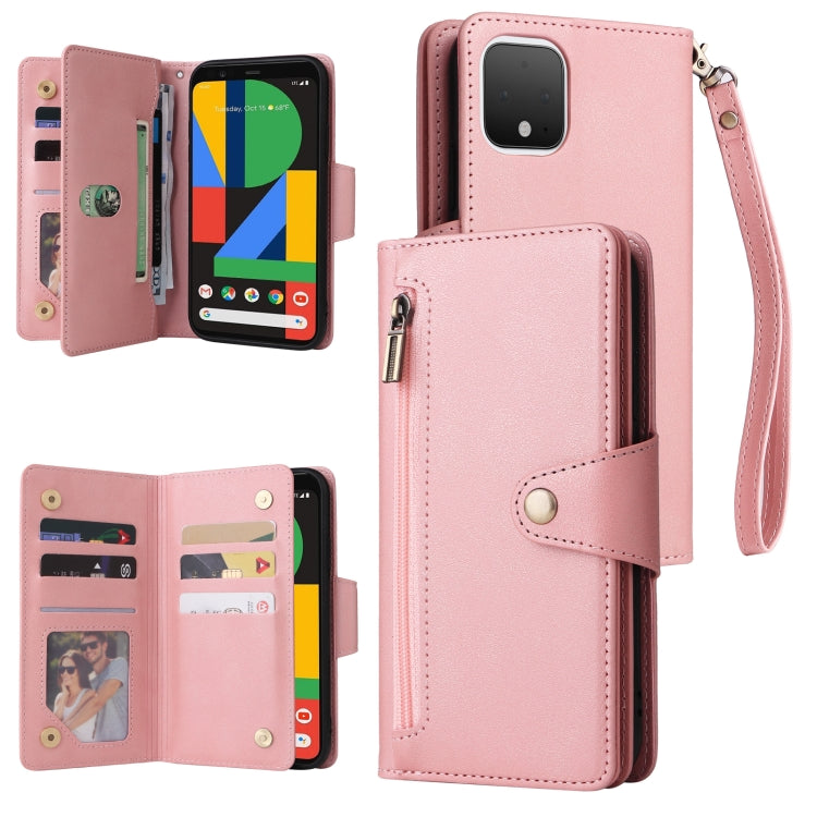 Three-fold leather phone wallet case with wrist strap and card slots, pink