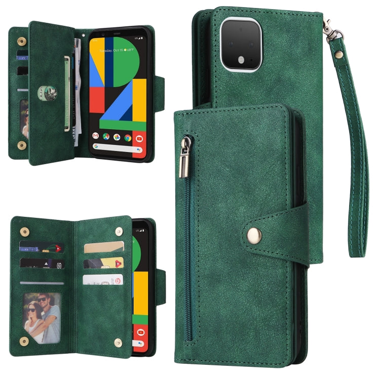 Green three-fold leather phone case with card slots and wrist strap, buckle closure
