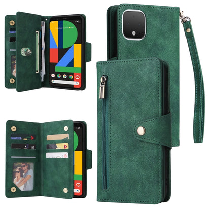 Green three-fold leather phone case with card slots and wrist strap, buckle closure