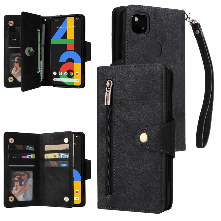 Black three-fold leather phone case with card slots and wrist strap, buckle closure