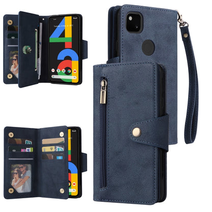 Blue three-fold leather phone case with card slots and wrist strap, buckle closure