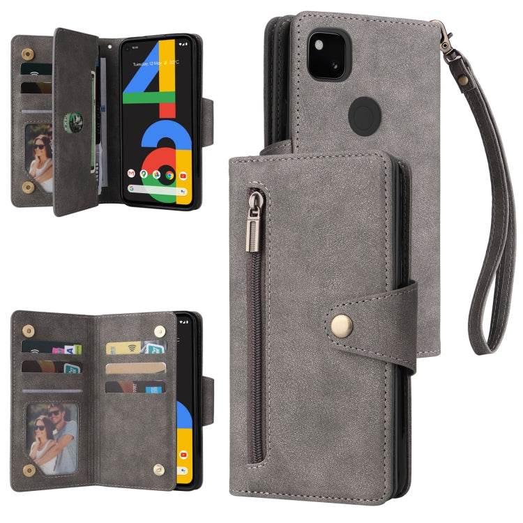 Grey three-fold leather phone case with card slots and wrist strap, buckle closure
