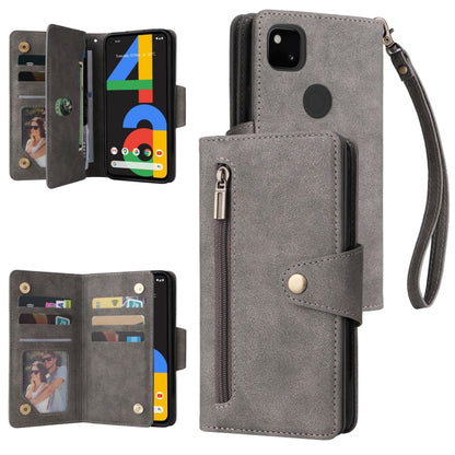 Grey three-fold leather phone case with card slots and wrist strap, buckle closure