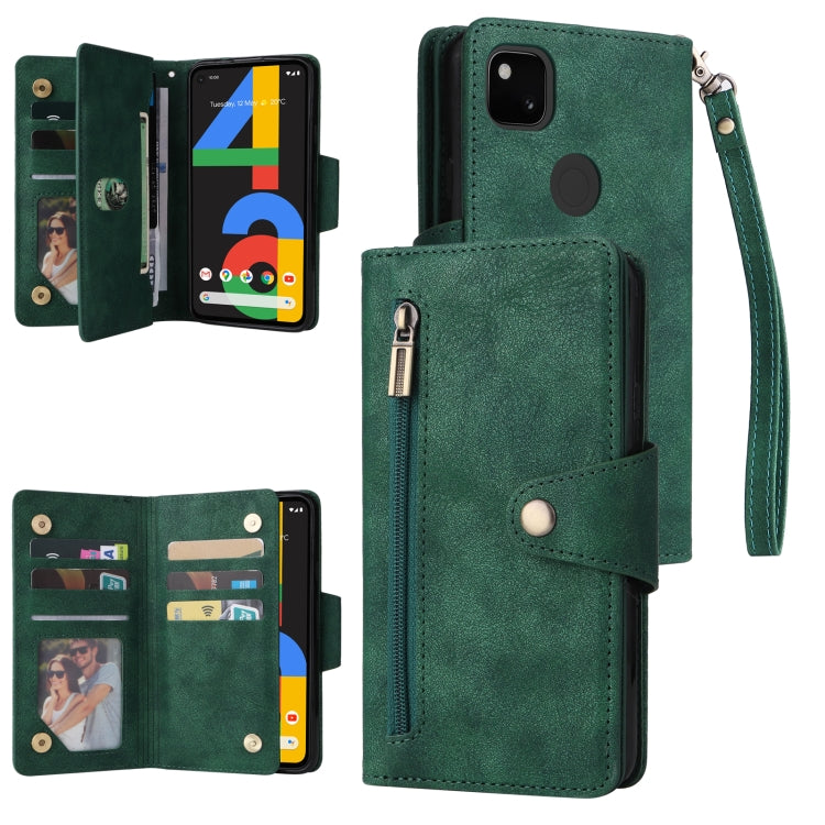 Green three-fold leather phone case with card slots and wrist strap, buckle closure