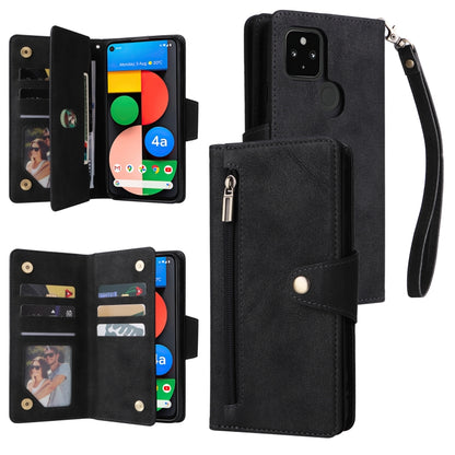 Black three-fold leather phone case with card slots and wrist strap, buckle closure