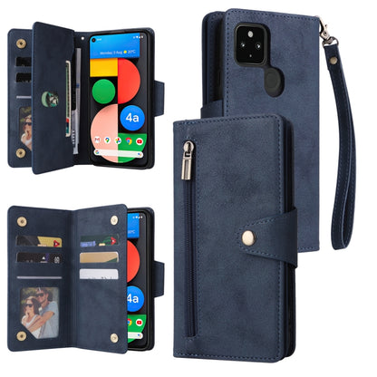Blue three-fold leather phone case with card slots and wrist strap, buckle closure